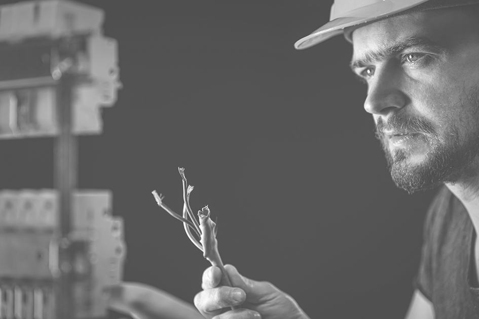 a male electrician works in a switchboard with an electrical connecting cable.